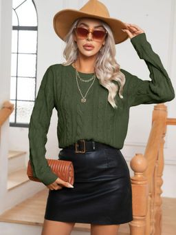 Oh Rare - Women Green Cable Knit Pullover Sweater