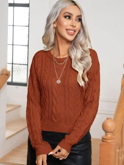 Oh Rare - Women Brown Cable Knit Pullover Sweater