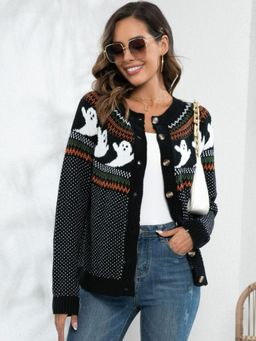 Oh Rare - Women Black Printed Cardigan