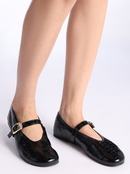 Twenty Dresses by Nykaa Fashion - Black Wide Animal Glossy Mary Jane Ballerinas