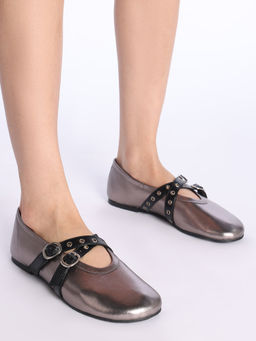 Twenty Dresses by Nykaa Fashion - Metallic Eyelet Detail Mary Jane Ballerinas
