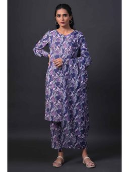W - Blue Floral Kurta-Slim Pant-Dupatta (Set of 3)