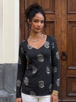 NISHORAMA - Women Black Cotton Floral Kurti