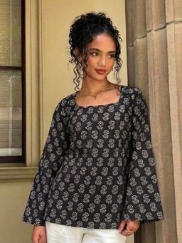 NISHORAMA - Women Black Cotton Floral Kurti