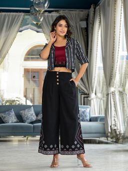 Juniper - Black Embroidered Liva Rayon Shrug with Crop Top and Palazzo (Set of 3)
