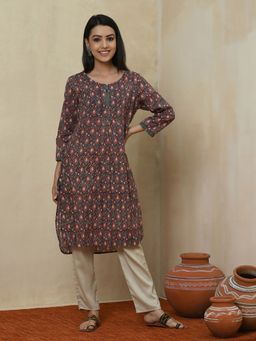 Fabindia - Blue Cotton Printed Knee Length Kurta