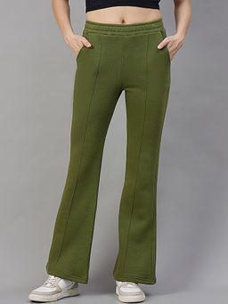 98 Degree North - Women Olive Fleece Flared Textured Trackpant