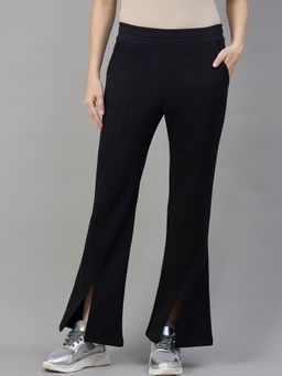 98 Degree North - Women Black Fleece Flared Textured Trackpant