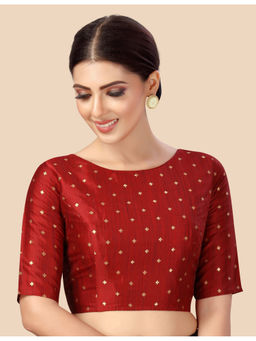 Studio Shringaar - Maroon Silky Brocade Readymade Elbow Length Sleeves Stitched Blouse