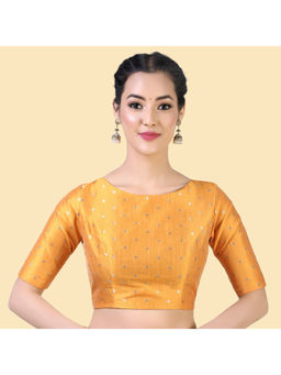 Studio Shringaar - Orange Silky Brocade Readymade Elbow Length Sleeves Stitched Blouse