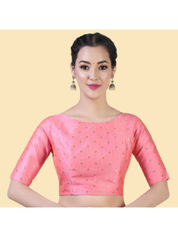 Studio Shringaar - Pink Silky Brocade Readymade Elbow Length Sleeves Stitched Blouse