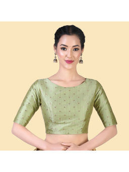 Studio Shringaar - Green Silky Brocade Readymade Elbow Length Sleeves Stitched Blouse