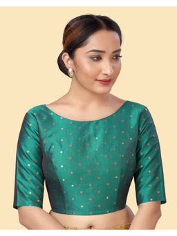 Studio Shringaar - Teal Silky Brocade Readymade Elbow Length Sleeves Stitched Blouse