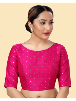 Studio Shringaar - Magenta Silky Brocade Readymade Elbow Length Sleeves Stitched Blouse