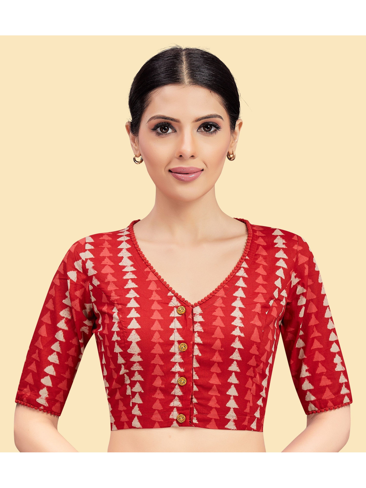 studio shringaar Red Cotton Block Printed Elbow Length Sleeves Stitched Blouse-picture-35