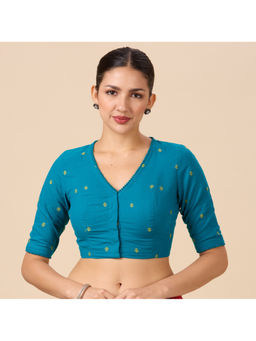 Studio Shringaar - Cotton Half Sleeve Blue Dobby Readymade Stitched Blouse