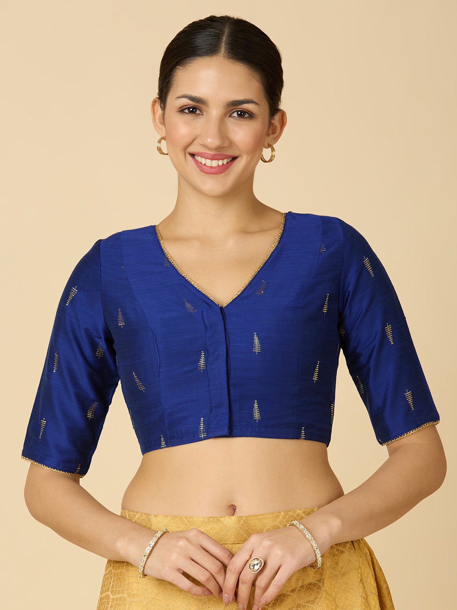 studio shringaar Navy Blue Women's Handloom Cotton Silk Readymade Stitched Blouse-picture-10