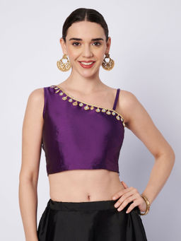 Studio Rasa - Purple Silk Blend One Shoulder Embellished Readymade Stitched Blouse
