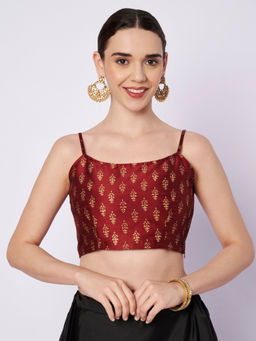 Studio Rasa - Maroon Dupion Hand Block Printed Spaghetti Readymade Stitched Blouse
