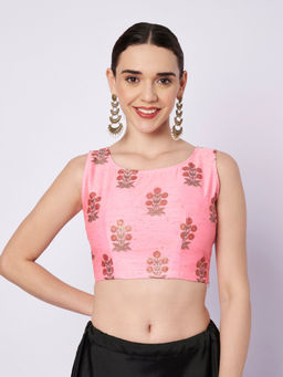 Studio Rasa - Pink Chanderi Printed Readymade Stitched Blouse