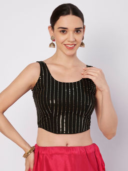 Studio Rasa - Black Georgette Sequin Embroidered Readymade Corset Stitched Blouse