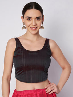 Studio Rasa - Black Silk Blend Striped Readymade Corset Stitched Blouse