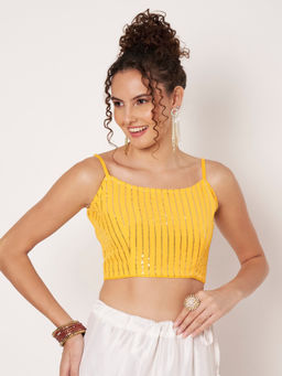 Studio Rasa - Yellow Georgette Sequin Embroidered Spaghetti Readymade Stitched Blouse