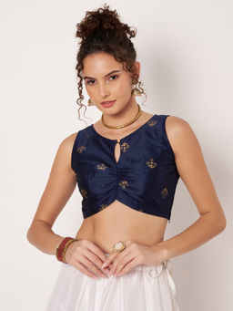 Studio Rasa - Navy Blue Dupion Hand Block Printed Readymade Stitched Blouse
