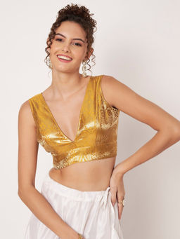 Studio Rasa - Gold Silk Brocade V-Neck Padded Readymade Stitched Blouse