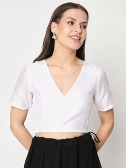 Studio Rasa - White Silk Blend Stretchable Readymade Stitched Blouse
