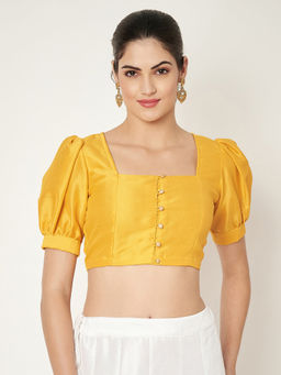 Studio Rasa - Yellow Silk Blend Button Down Readymade Stitched Blouse