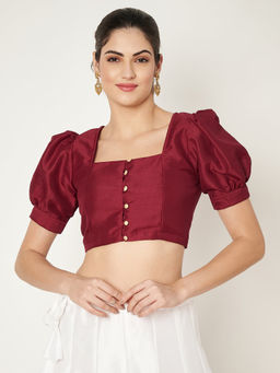 Studio Rasa - Maroon Silk Blend Button Down Readymade Stitched Blouse