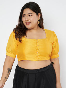 Studio Rasa - Yellow Plus Size Silk Blend Button Down Readymade Stitched Blouse