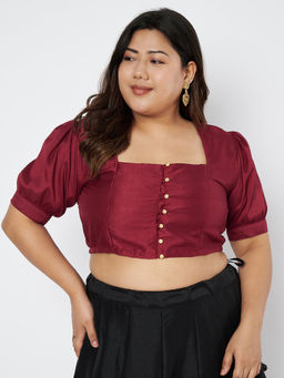 Studio Rasa - Maroon Plus Size Silk Blend Button Down Readymade Stitched Blouse