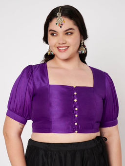 Studio Rasa - Purple Plus Size Silk Blend Button Down Readymade Stitched Blouse