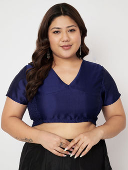 Studio Rasa - Navy Blue Plus Size Silk Blend Side Stretchable Readymade Stitched Blouse