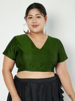 Studio Rasa - Green Plus Size Silk Blend Side Stretchable Readymade Stitched Blouse