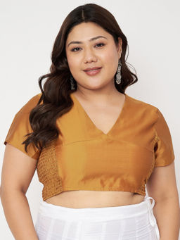 Studio Rasa - Mustard Plus Size Silk Blend Side Stretchable Readymade Stitched Blouse