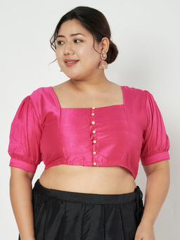 Studio Rasa - Pink Plus Size Silk Blend Button Down Readymade Stitched Blouse