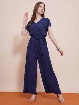 Globus - Women Navy Blue Wrap Neck Cap Sleeves Waist Tie-Up Wide-Leg Jumpsuit