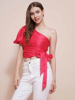 Globus - Women Pink One Shoulder Waist Bow Puff Sleeves Party Crop Top