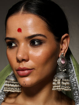 VENI - 92.5 Silver-Plated Oxidised Stone Studded and Beaded Earrings