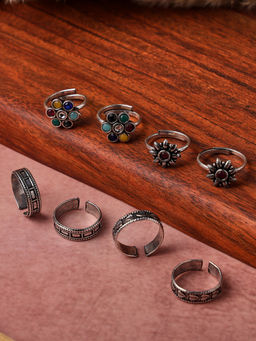 VENI - Set Of 4 Silver-Plated Oxidised Toe Rings