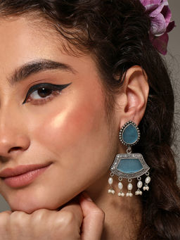 VENI - 92.5 Silver Plated Artificial Stones Studded and Beaded Oxidised Tear Earrings