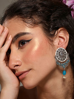 VENI - 92.5 Silver Plated Artificial Stones Studded and Beaded Oxidised Circular Earrings