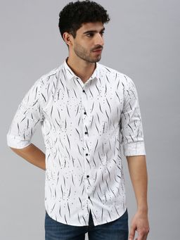 SHOWOFFFF - Men Roll-Up Sleeves Abstract White Shirt