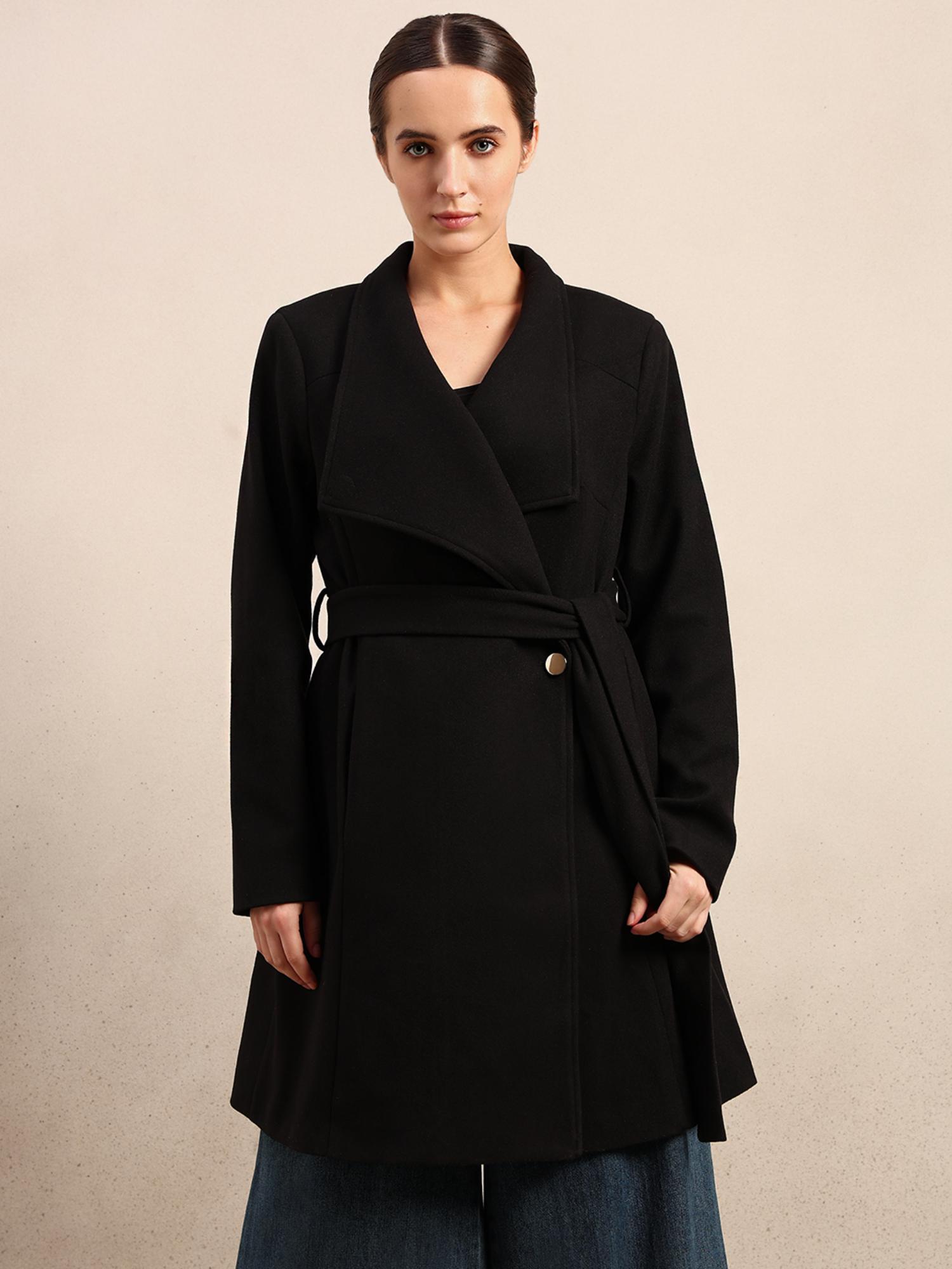 vero moda Women Black Wrap Overcoat with Belt-picture-43