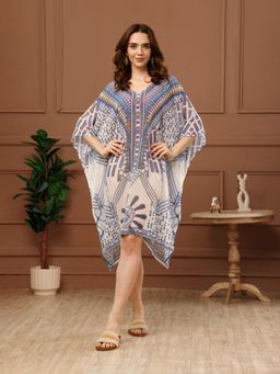 Aditi Wasan - Blue Printed Georgette V-Neck Kaftan Dress