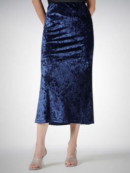 FableStreet - Velvet Midi Slim Fit Flared Hem Navy Blue Skirt