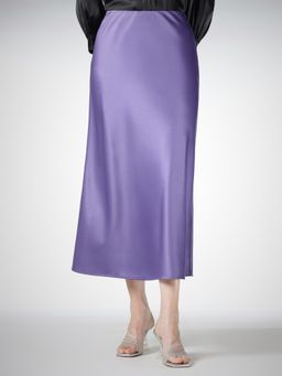 FableStreet - Satin Midi Flared High-Rise Solid Purple Skirt
